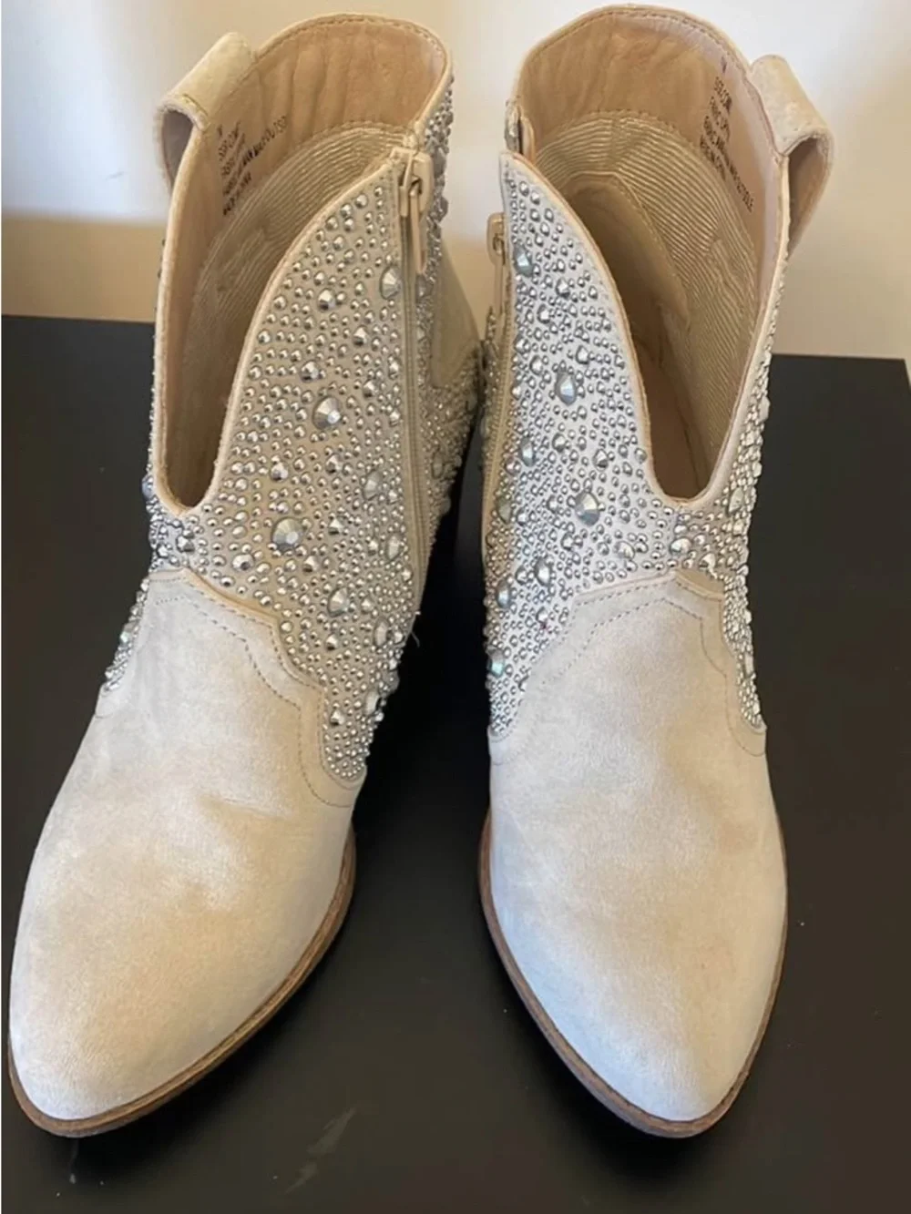 Beige Embellished Suede Ankle Boots - Women's Fashion Booties - Picture 2 of 5